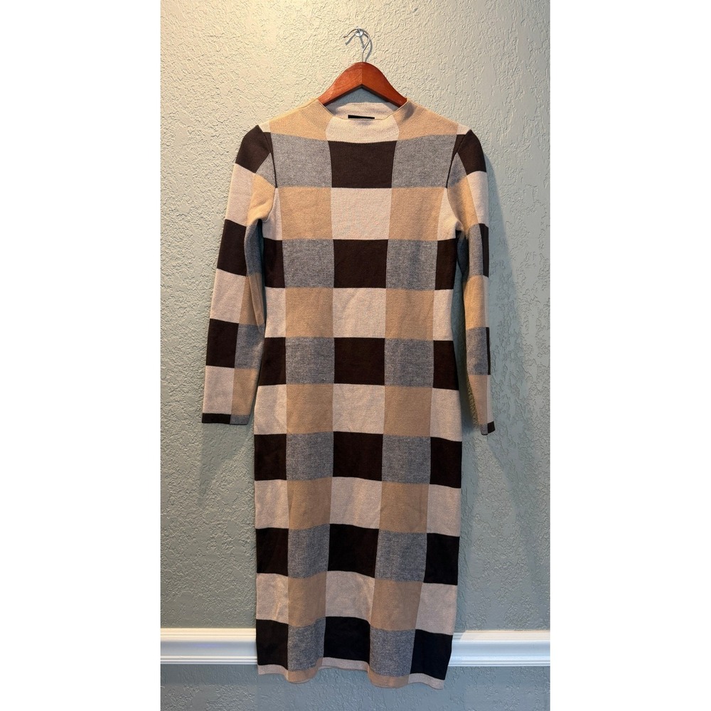 Nina Leonard Womens Tan Black Checkered Mock Neck Long Sleeve Sweater Dress M